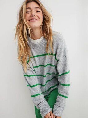 {aerie} Striped Crew Neck Sweater | Grey & Green ~ Size Large